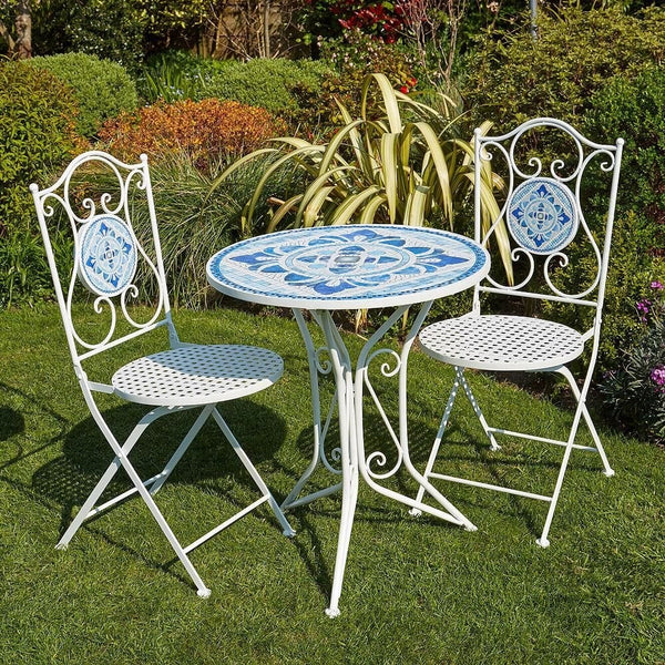 Fenton Mosaic Blue & White Bistro Table & Folding Chair Set