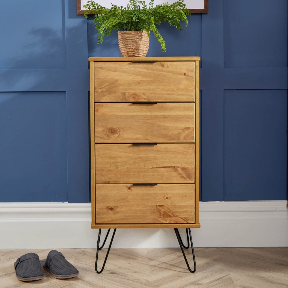 Acadia Solid Pine & Metal Narrow Chest of 4 Drawers