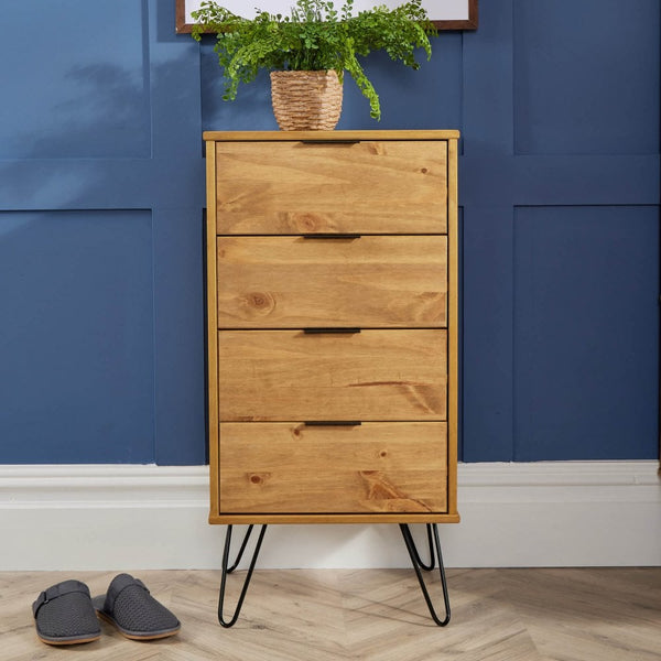 Acadia Solid Pine & Metal Narrow Chest of 4 Drawers