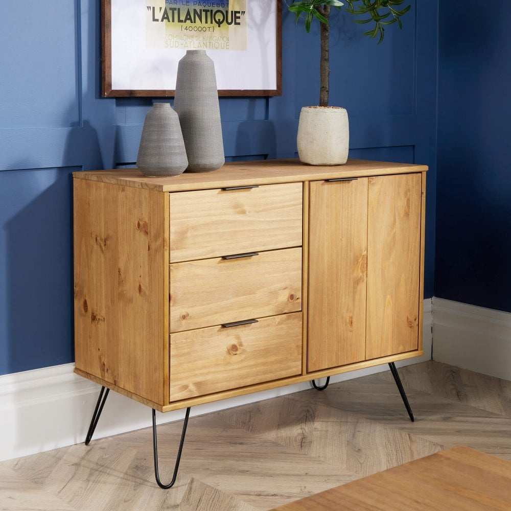 Acadia Solid Pine & Metal 3 Drawer Cupboard