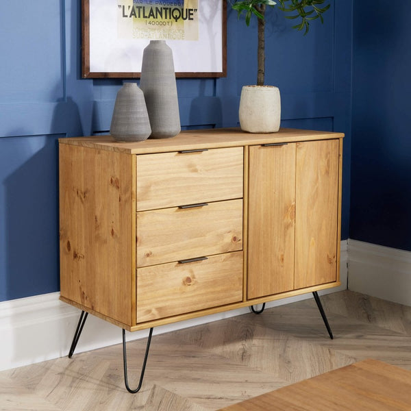 Acadia Solid Pine & Metal 3 Drawer Cupboard