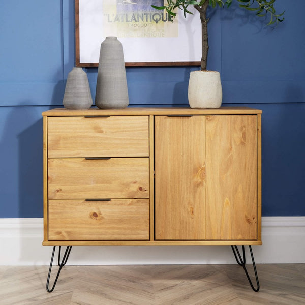 Acadia Solid Pine & Metal 3 Drawer Cupboard