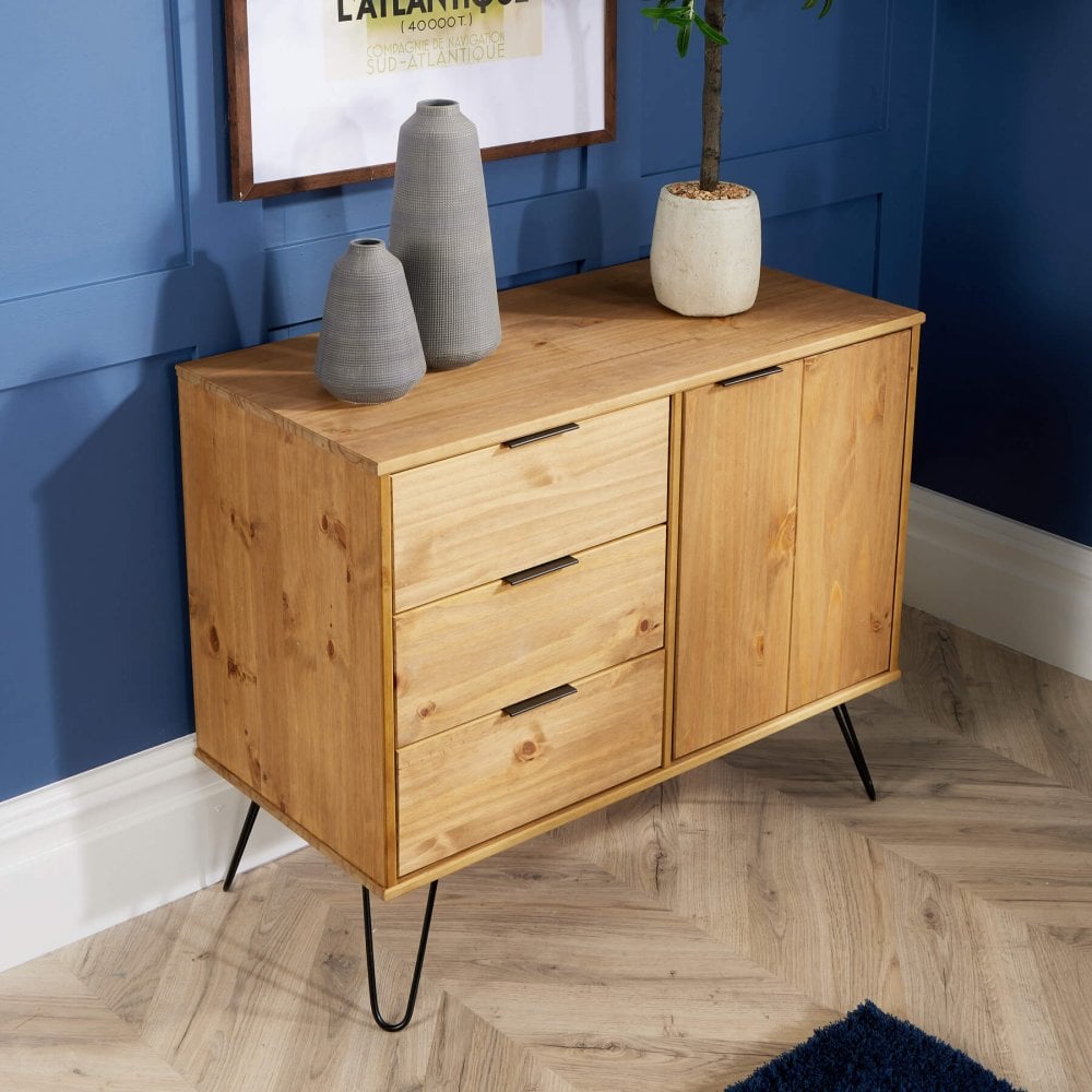 Acadia Solid Pine & Metal 3 Drawer Cupboard