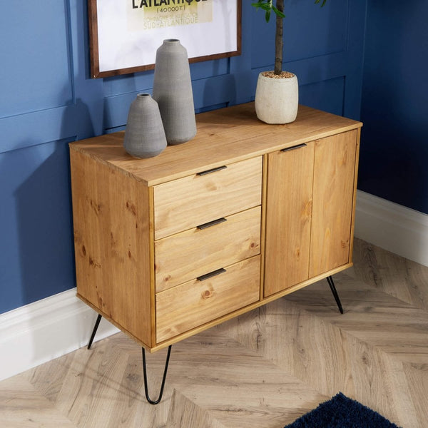 Acadia Solid Pine & Metal 3 Drawer Cupboard