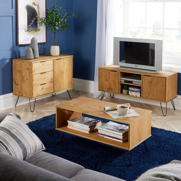 Acadia Solid Pine & Metal 3 Drawer Cupboard