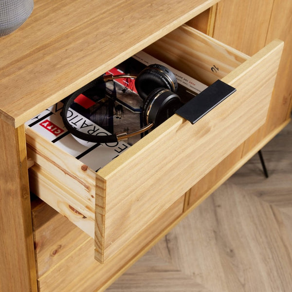 Acadia Solid Pine & Metal 3 Drawer Cupboard