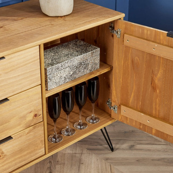 Acadia Solid Pine & Metal 3 Drawer Cupboard