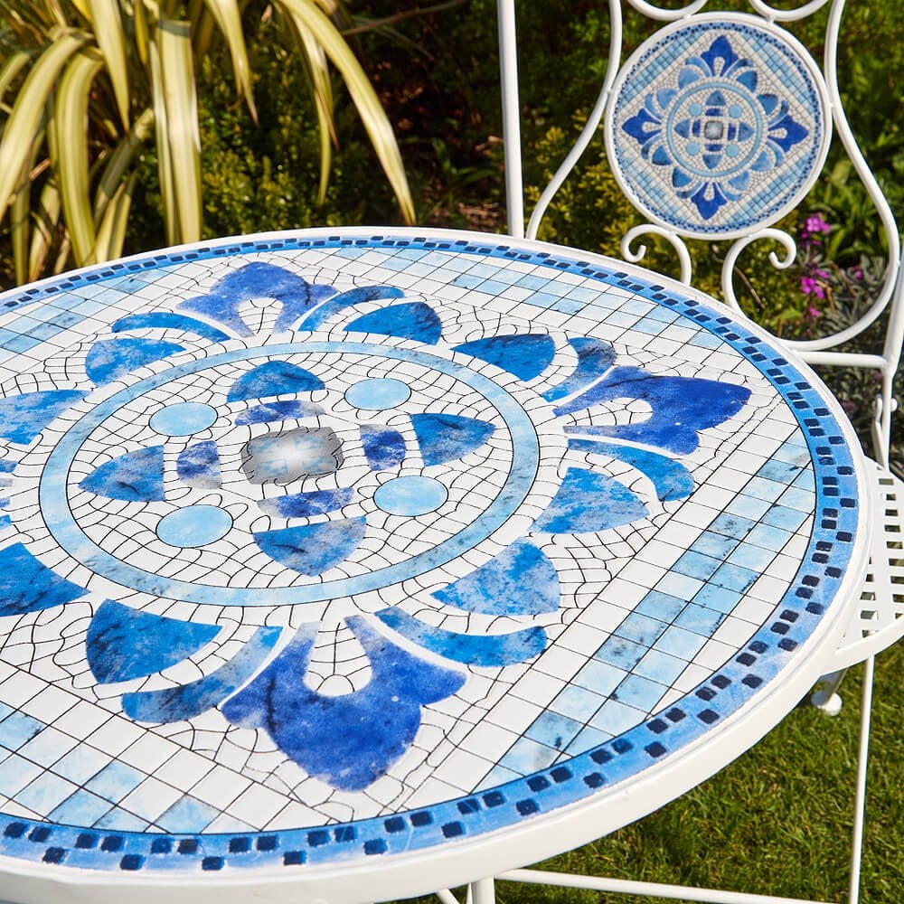 Fenton Mosaic Blue & White Bistro Table & Folding Chair Set