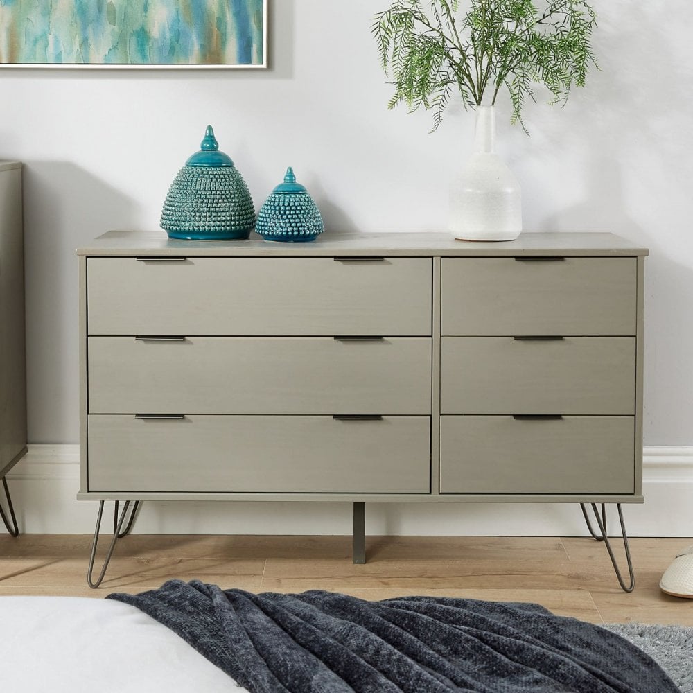 Acadia Solid Pine & Metal Wide Chest of 6 Drawers