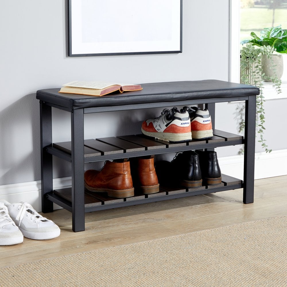 Spalding Black Shoe Storage Bench with PU Leather Seat