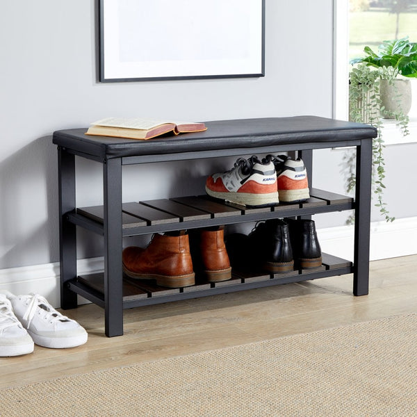 Spalding Black Shoe Storage Bench with PU Leather Seat