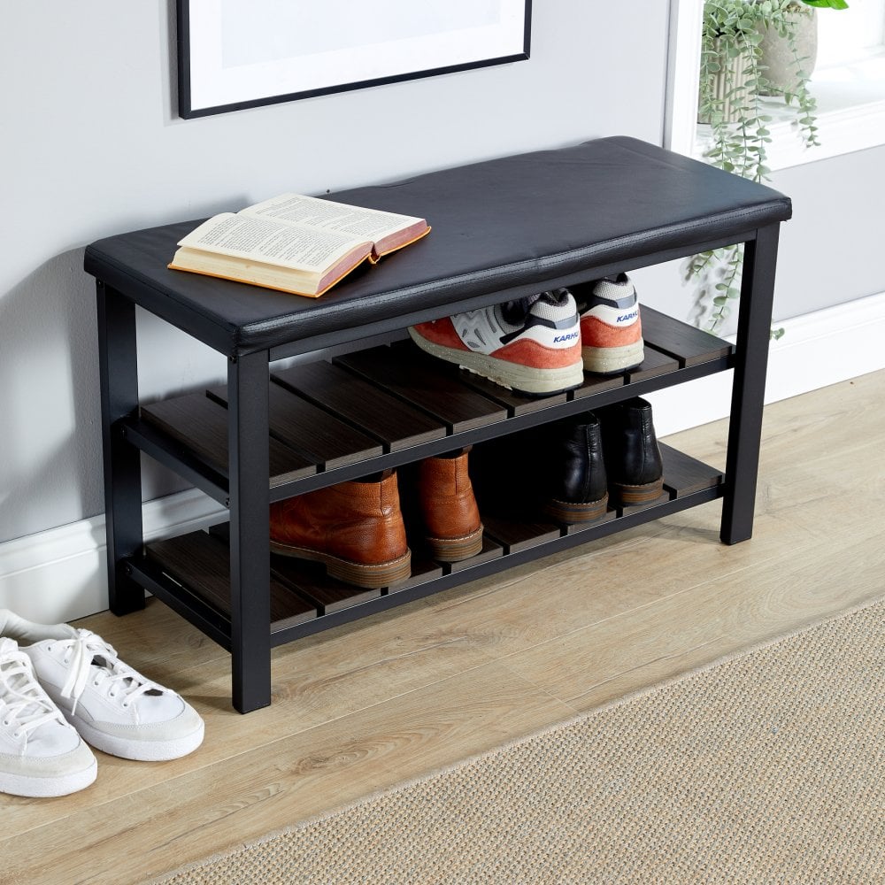 Spalding Black Shoe Storage Bench with PU Leather Seat