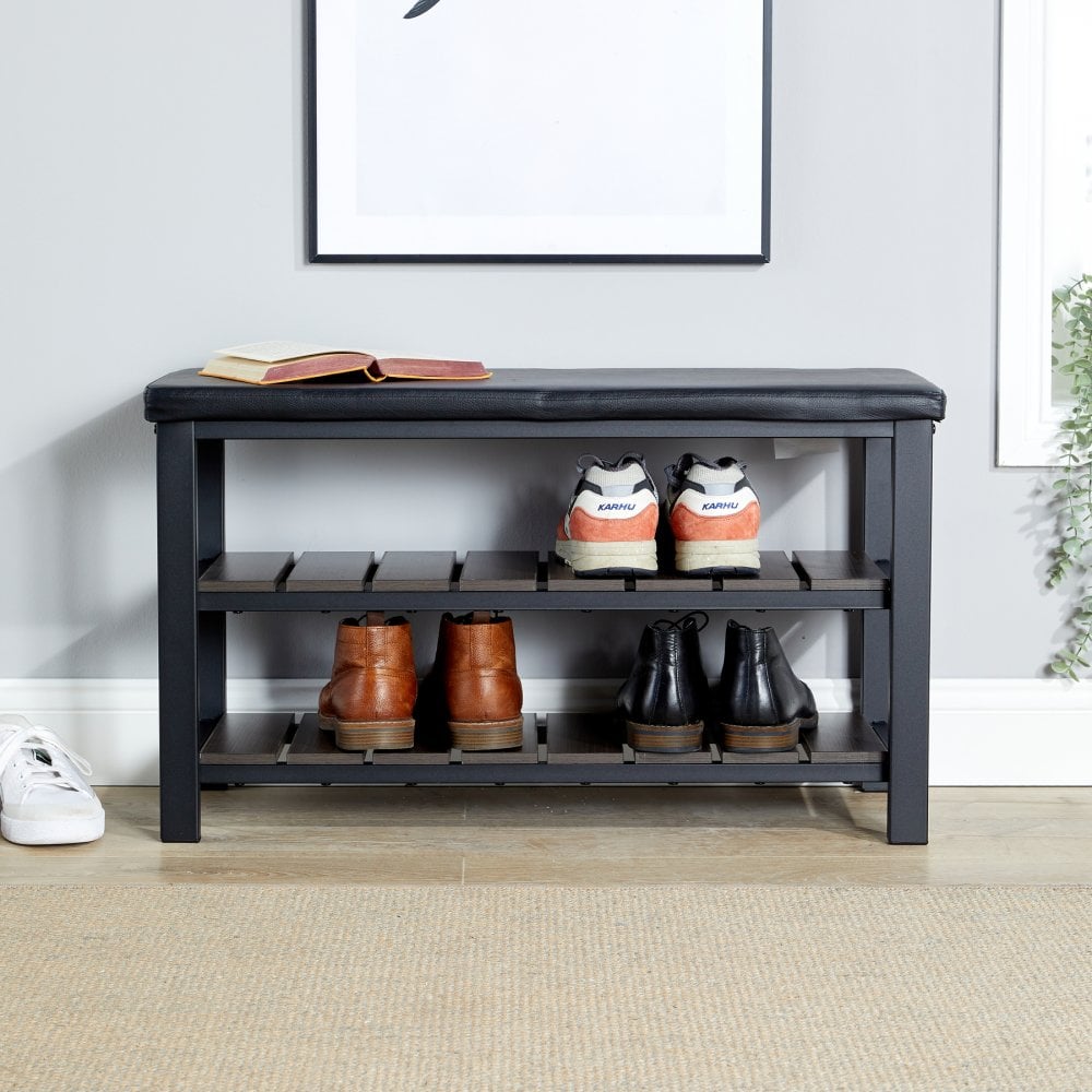 Spalding Black Shoe Storage Bench with PU Leather Seat