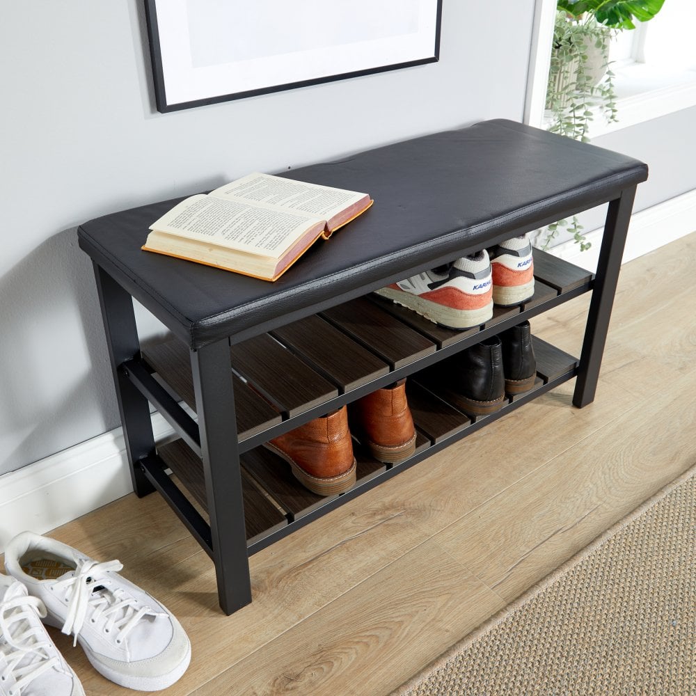 Spalding Black Shoe Storage Bench with PU Leather Seat