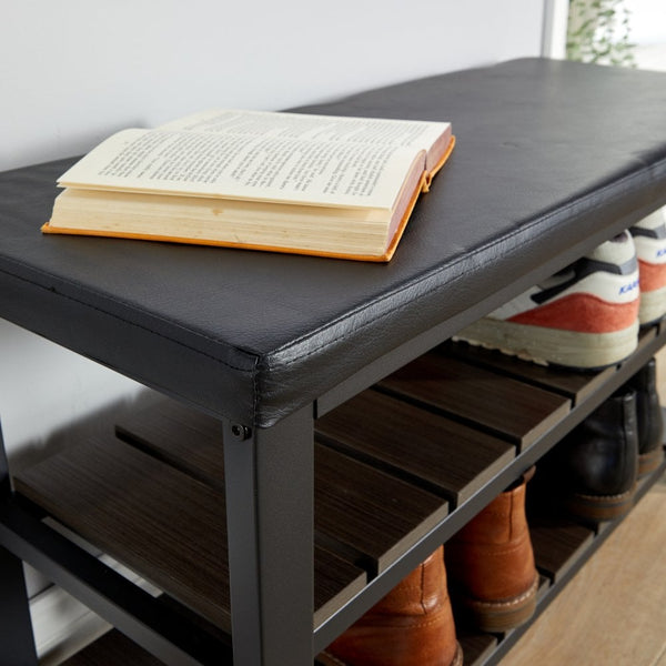Spalding Black Shoe Storage Bench with PU Leather Seat