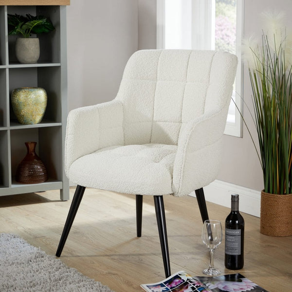 Boucle White Accent Armchair with Black Metal Legs