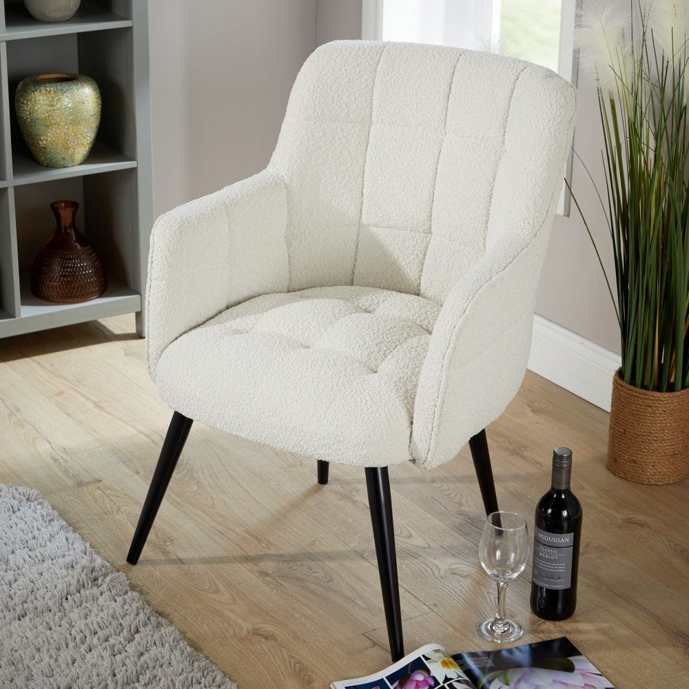 Boucle White Accent Armchair with Black Metal Legs