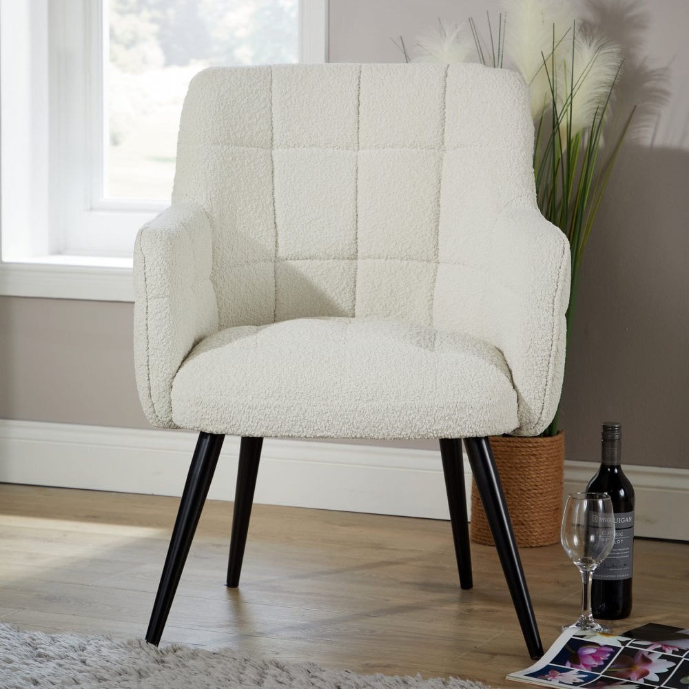 Boucle White Accent Armchair with Black Metal Legs
