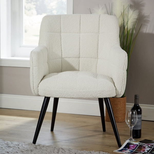 Boucle White Accent Armchair with Black Metal Legs