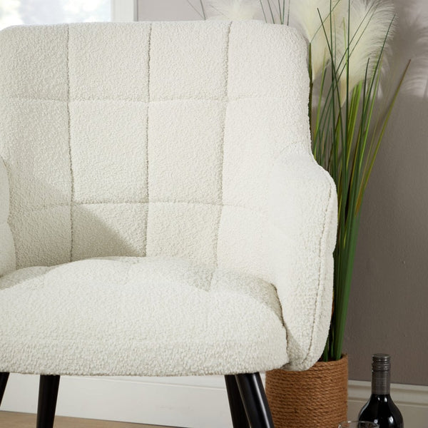 Boucle White Accent Armchair with Black Metal Legs