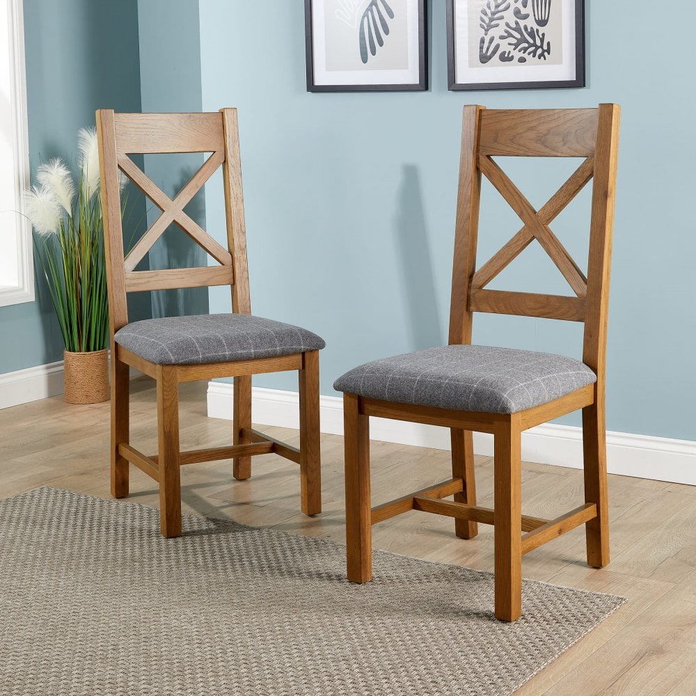 Holcombe Pair Grey Checked Solid Oak Veneer Dining Chairs