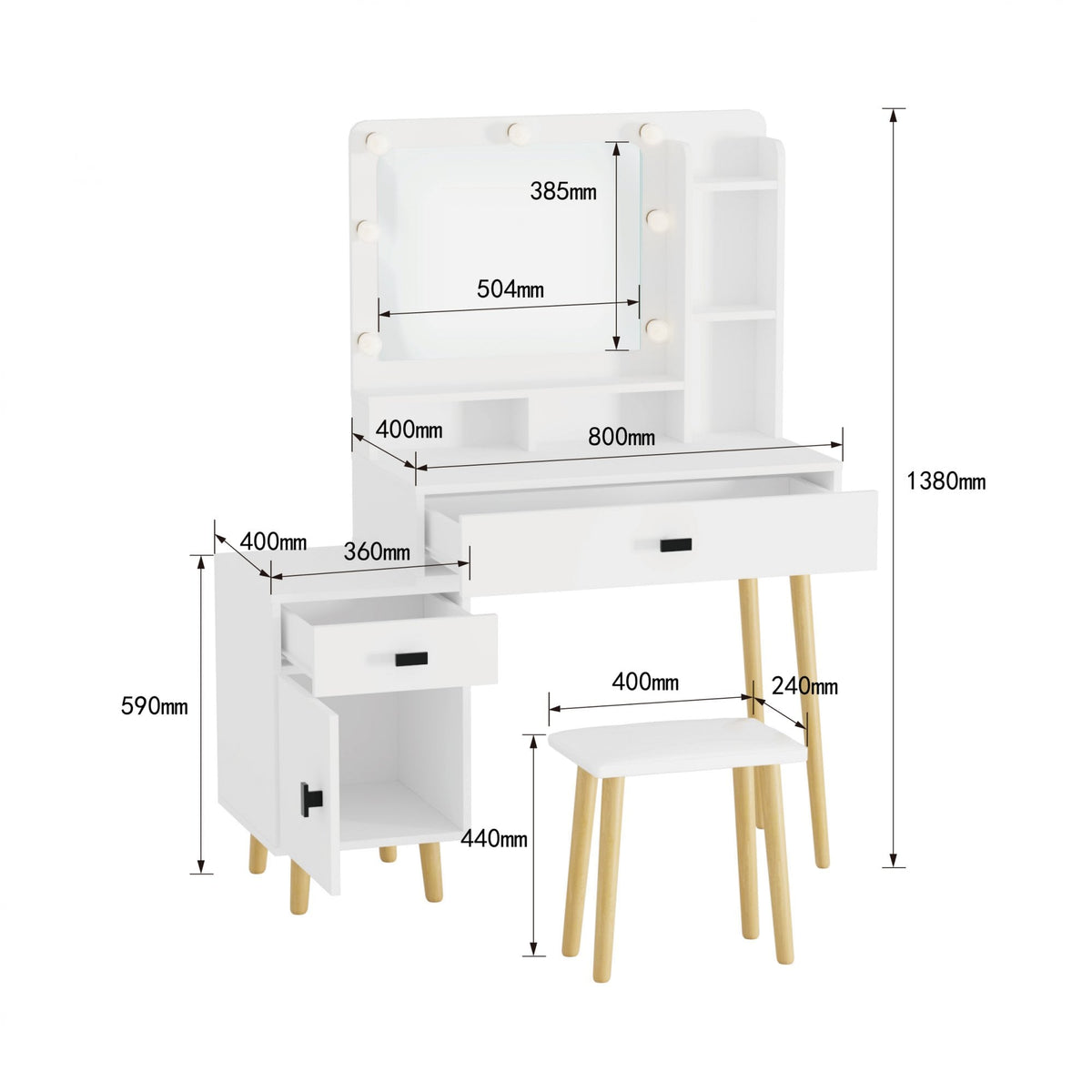 Forta Dressing Table & LED Framed Mirror White