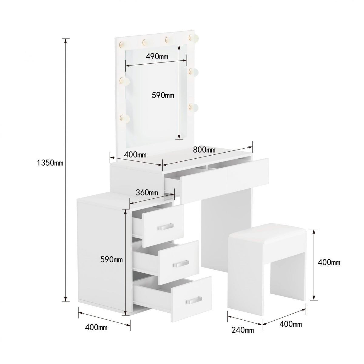 Vero White Dressing Table Set & LED Mirror