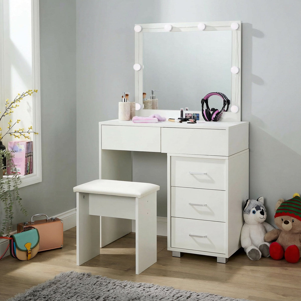 Vero White Dressing Table Set & LED Mirror