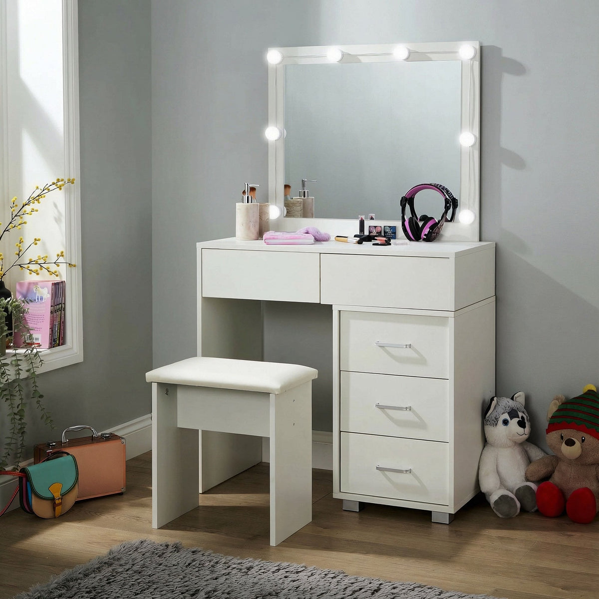 Vero White Dressing Table Set & LED Mirror