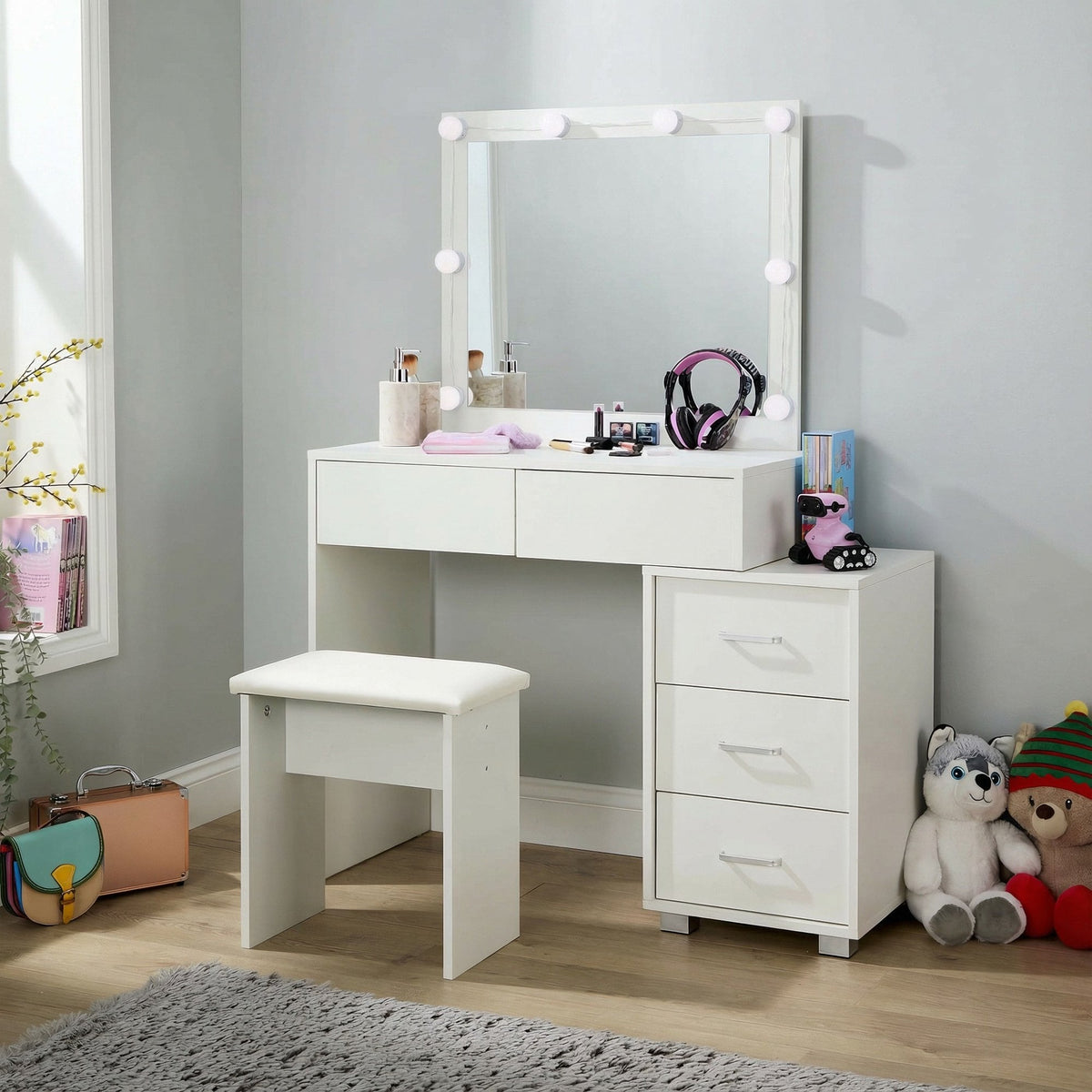 Vero White Dressing Table Set & LED Mirror