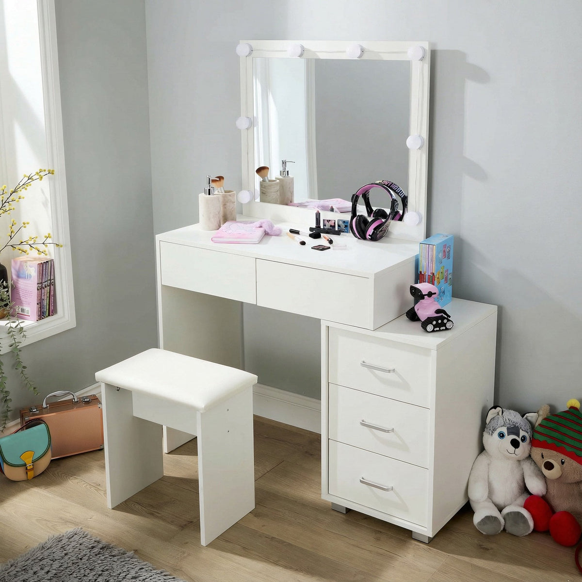 Vero White Dressing Table Set & LED Mirror