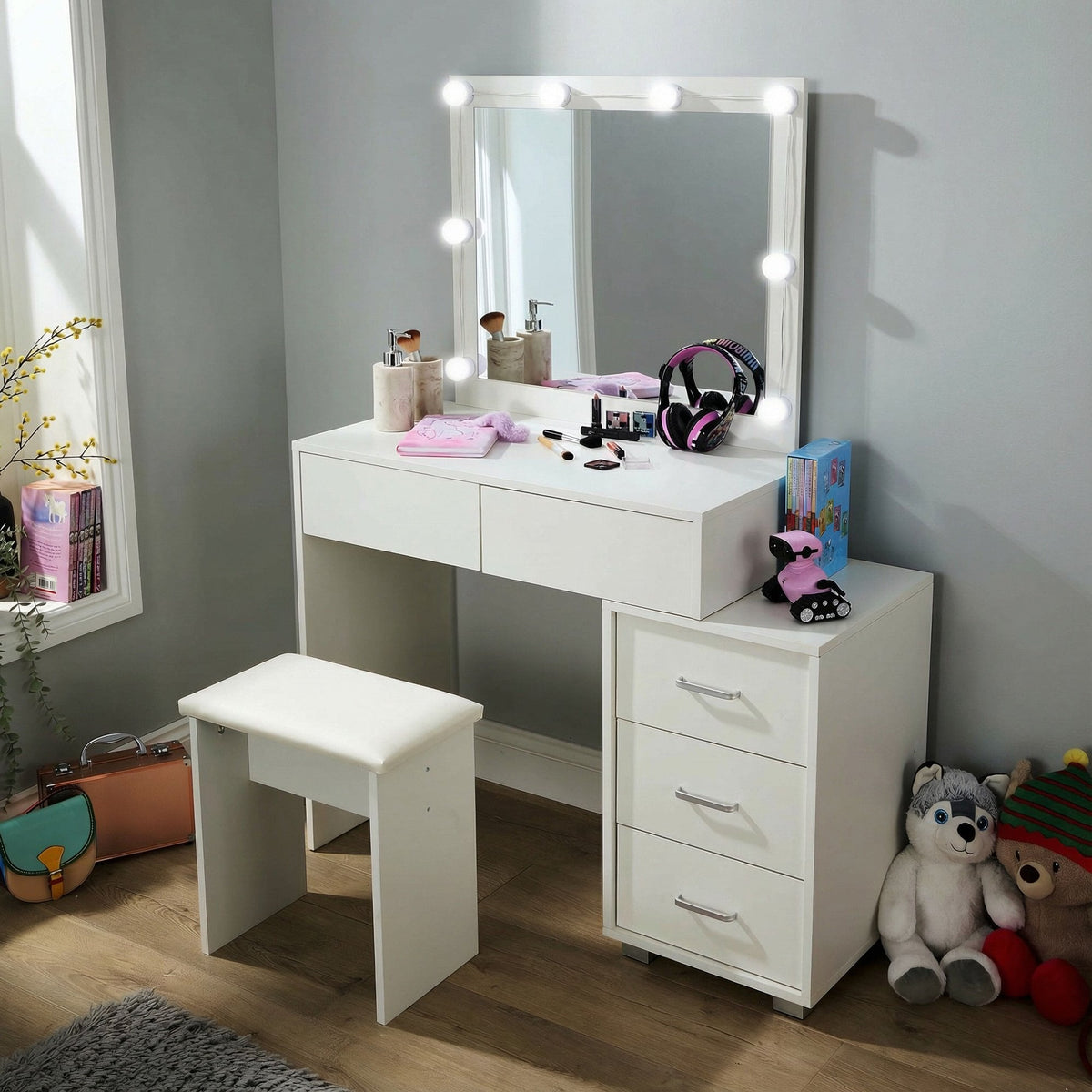 Vero White Dressing Table Set & LED Mirror