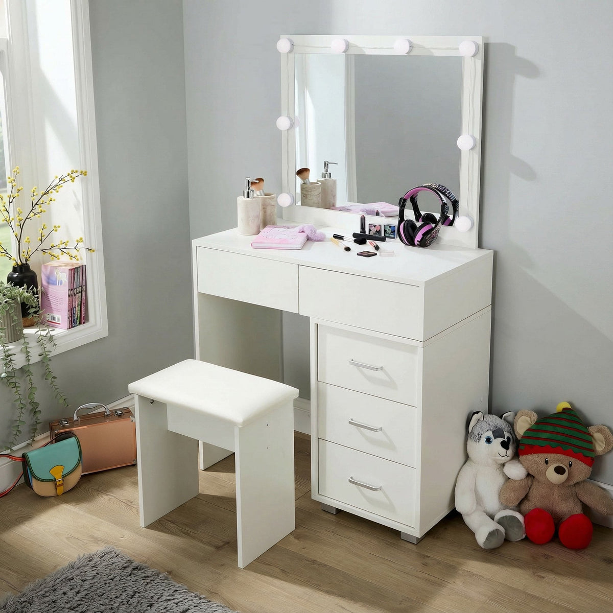 Vero White Dressing Table Set & LED Mirror