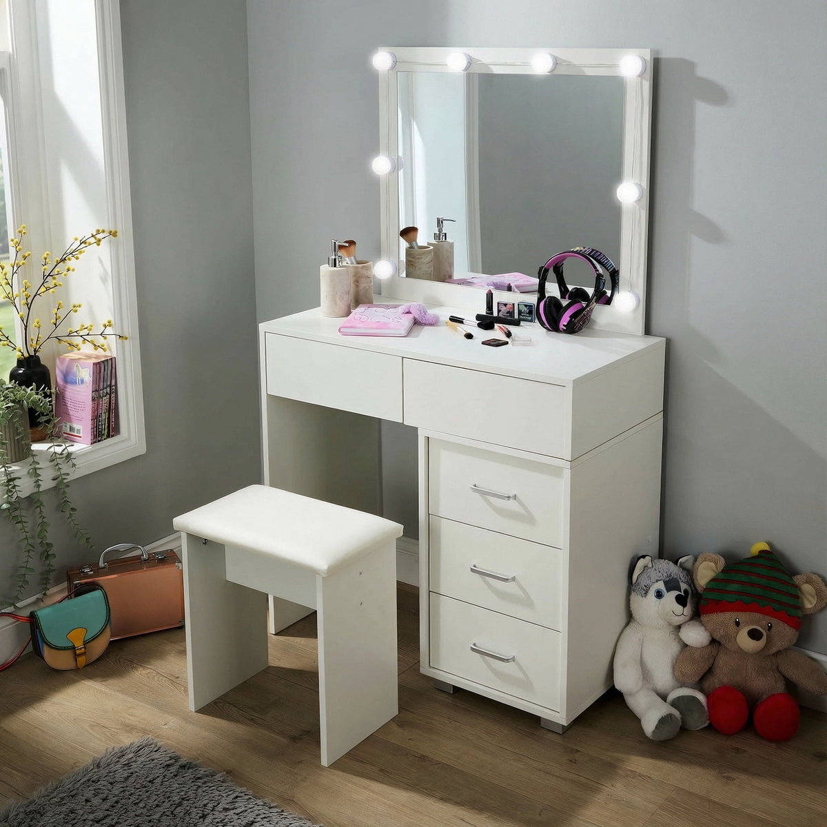 Vero White Dressing Table Set & LED Mirror