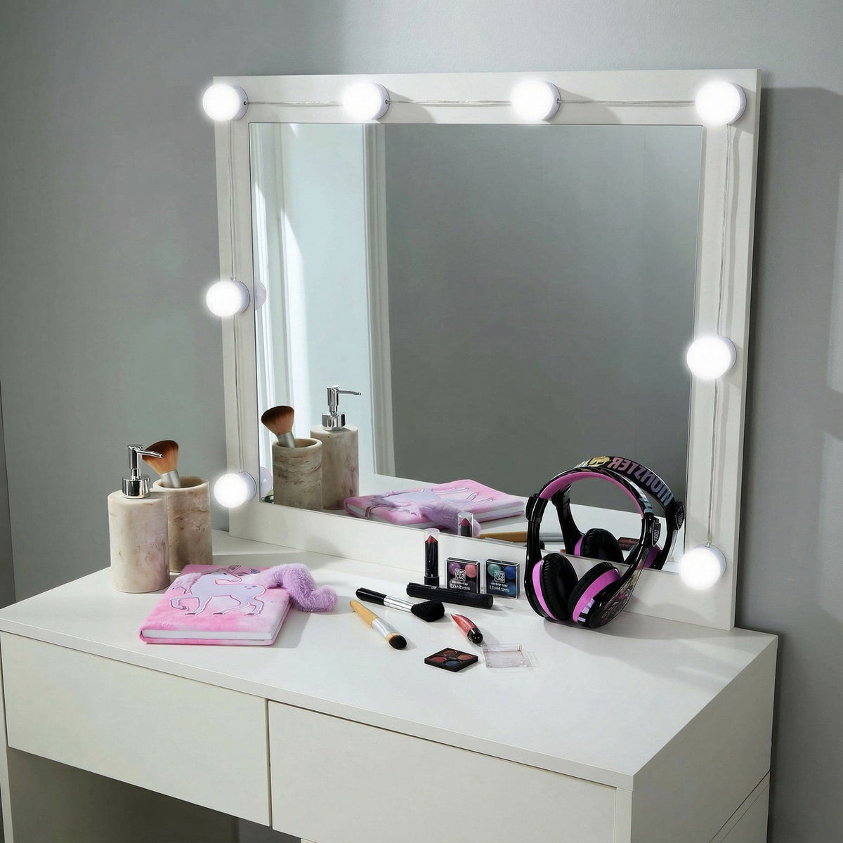 Vero White Dressing Table Set & LED Mirror