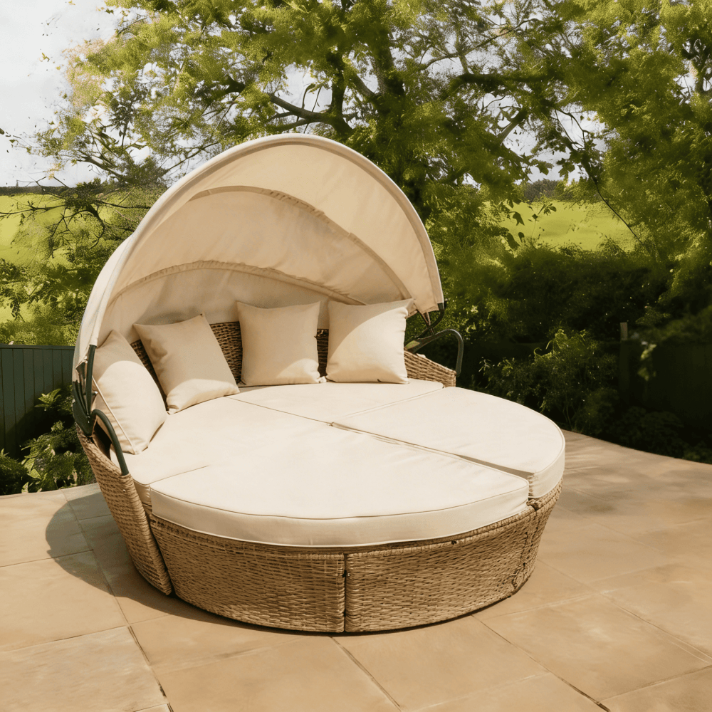 Amara Rattan Cream Day Bed with Canopy & Cushions