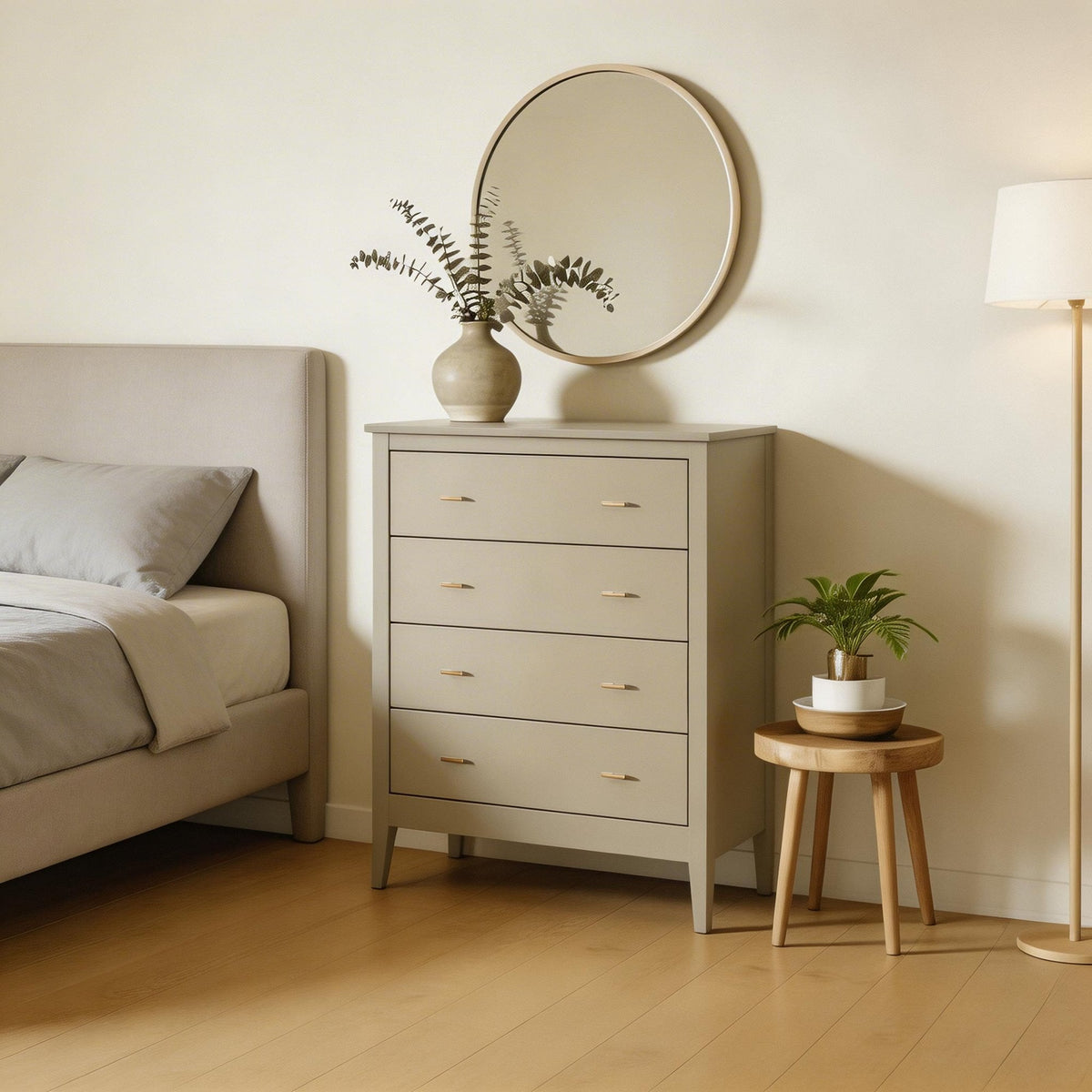 Grace Greige Chest of 4 Drawers with Gold Handles