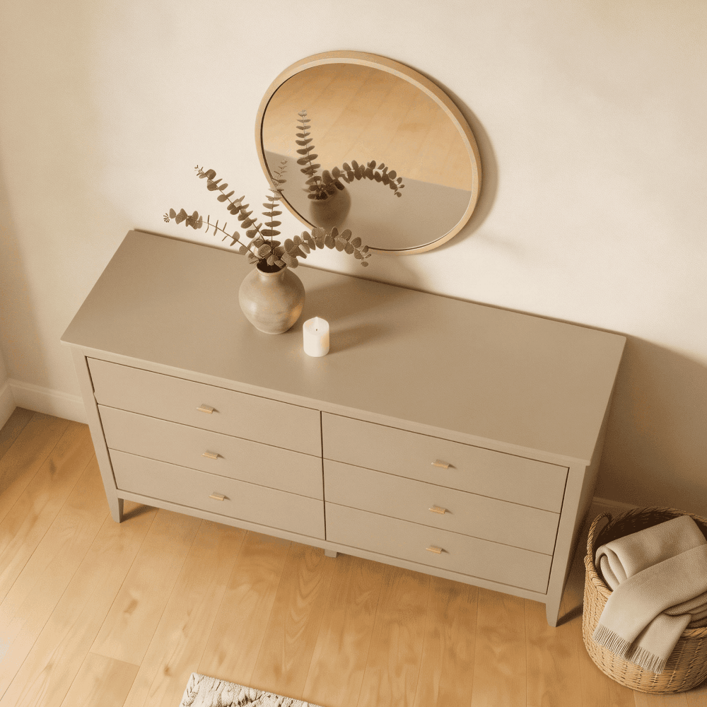 Grace Greige Chest of 6 Drawers with Gold Handles