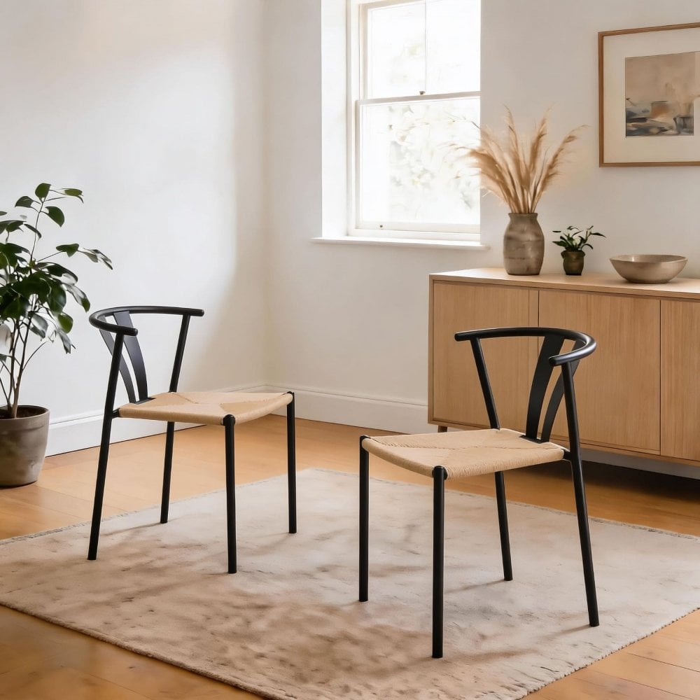 Eira Pair of Dining Chairs with Woven Seat & Metal Frame