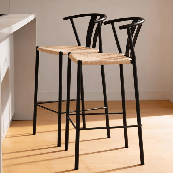 Eira Pair or Black Bar Stools with Woven Seat & Metal Frame