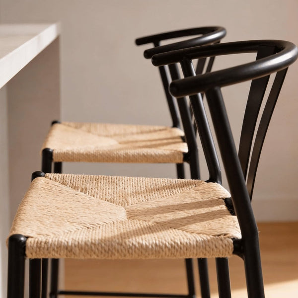 Eira Pair or Black Bar Stools with Woven Seat & Metal Frame