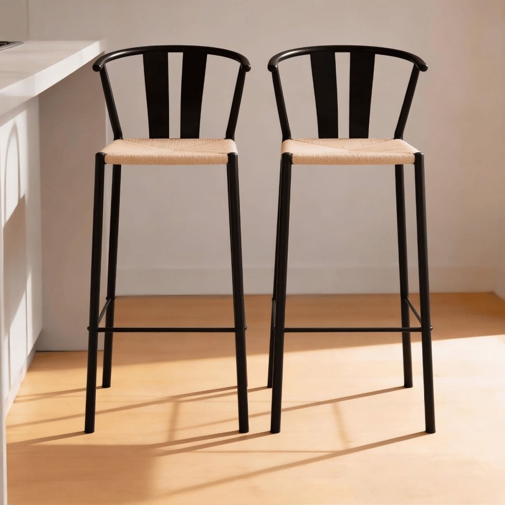 Eira Pair or Black Bar Stools with Woven Seat & Metal Frame