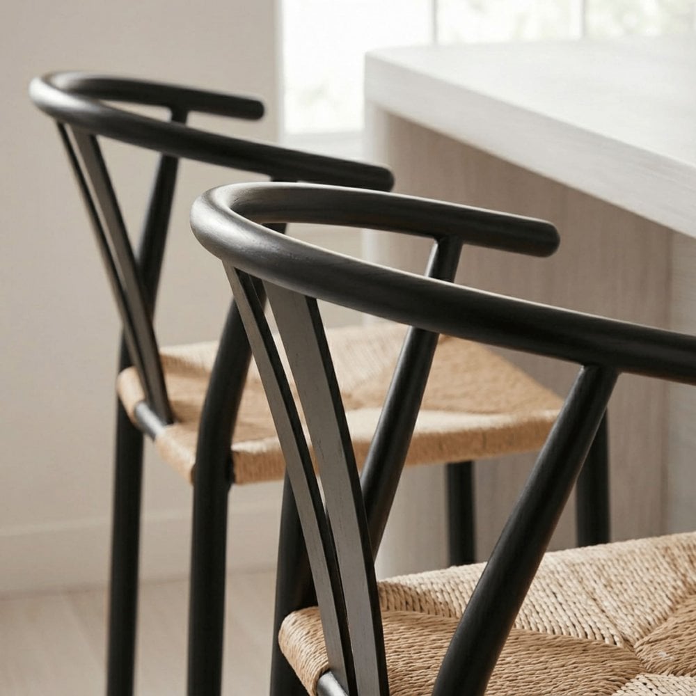 Eira Pair or Black Bar Stools with Woven Seat & Metal Frame