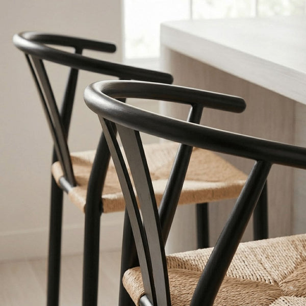 Eira Pair or Black Bar Stools with Woven Seat & Metal Frame