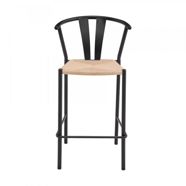 Eira Pair or Black Bar Stools with Woven Seat & Metal Frame