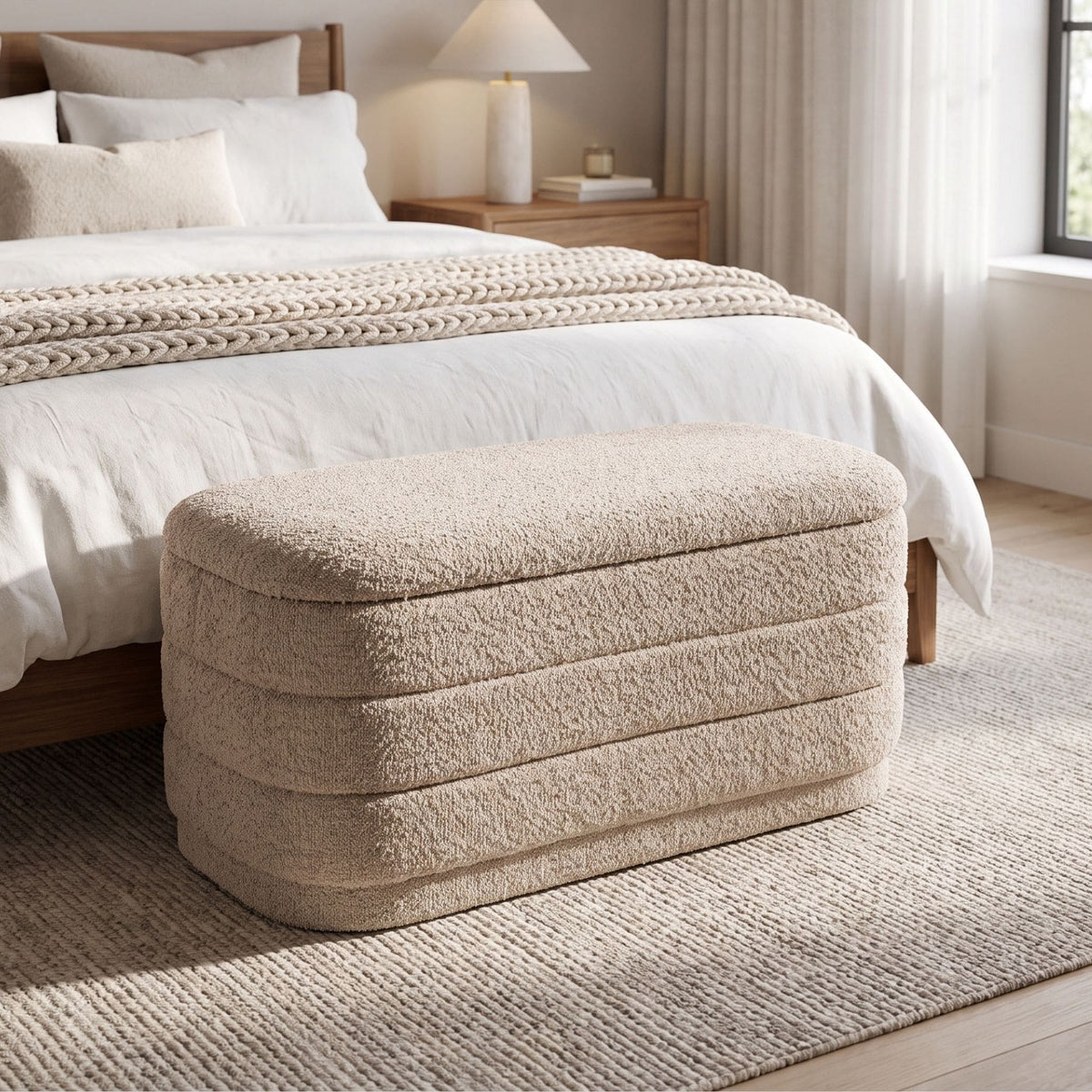 Luxe Beige Chenille Storage Ottoman with Tray Lid