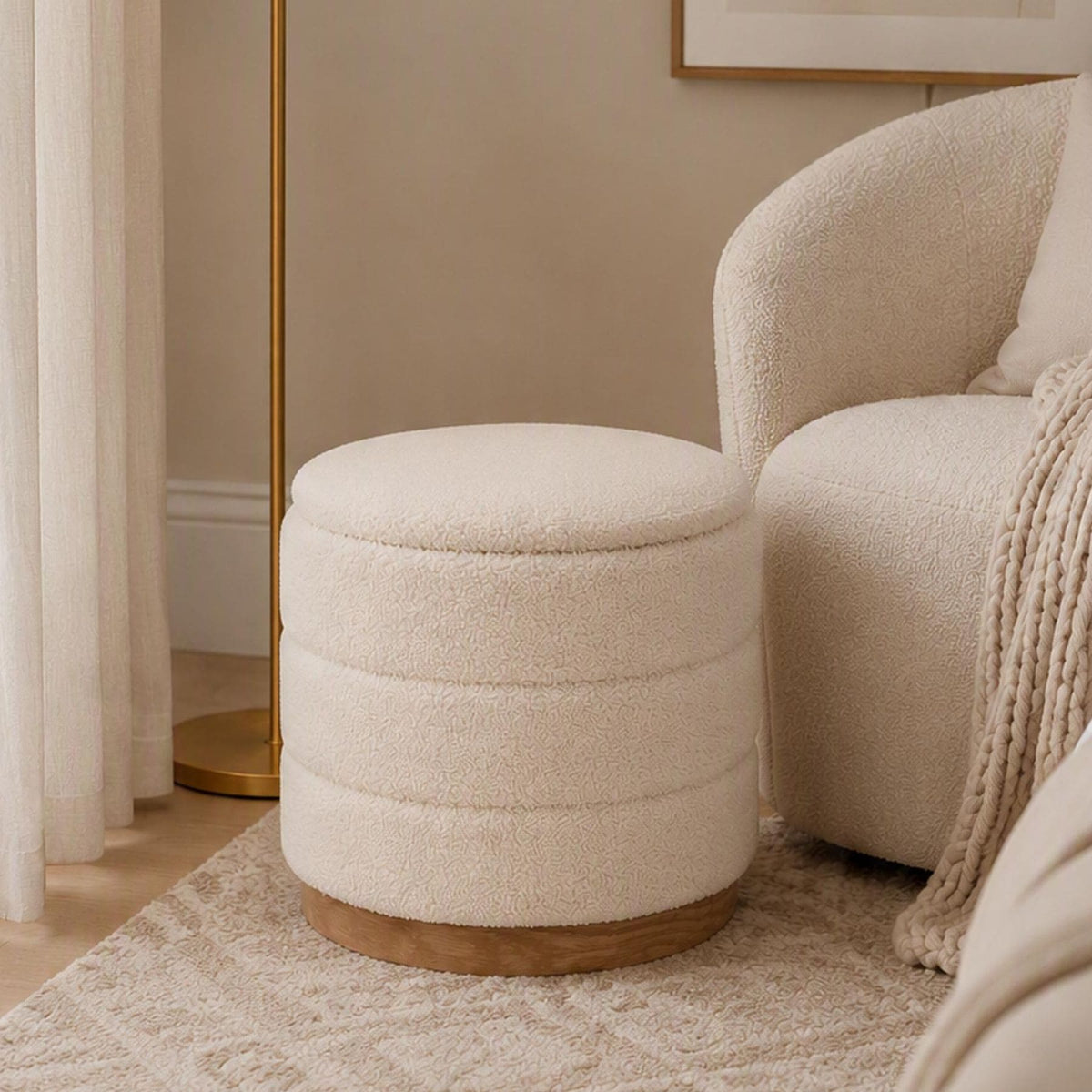 Luxe Round Cream Boucle Storage Ottoman with Tray Lid