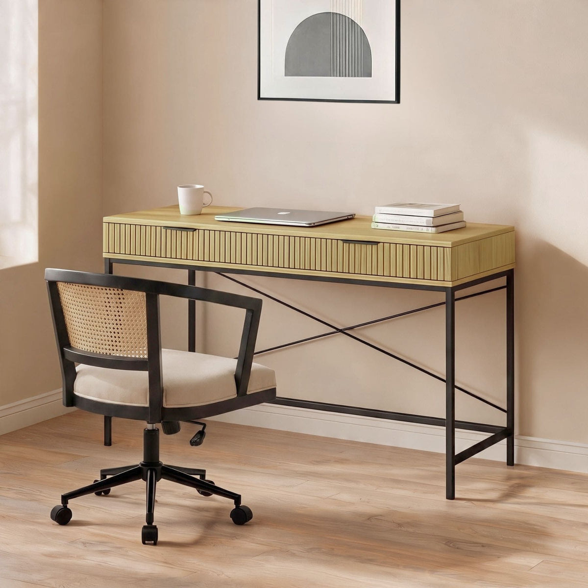 Wisbech 2 Drawer Desk & Nola Rattan Chair