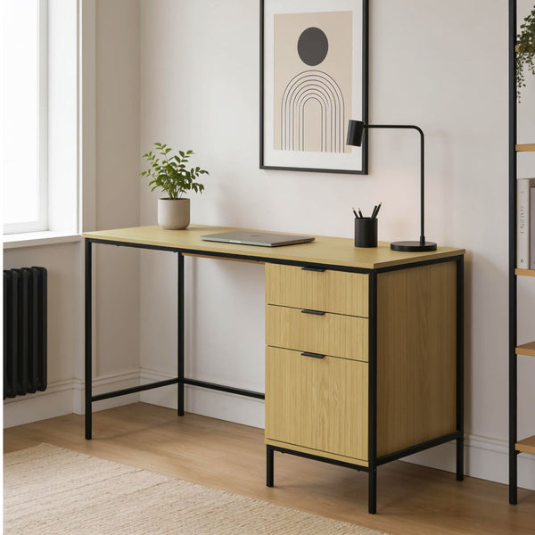 Wisbech 3 Drawer Desk & Nola Rattan Chair