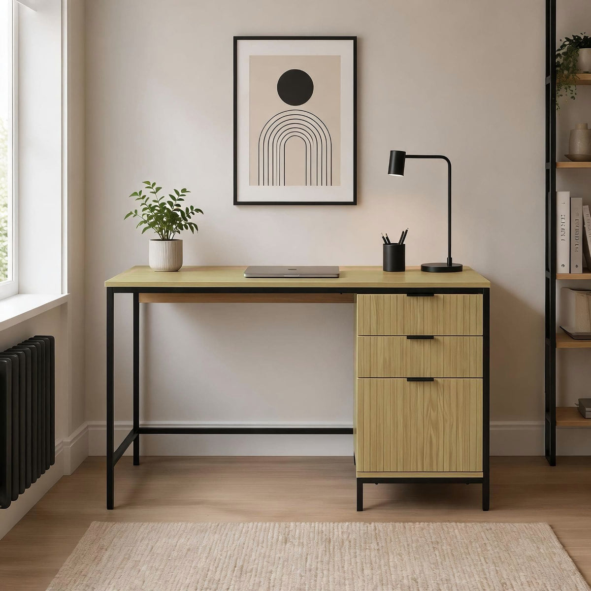 Wisbech 3 Drawer Desk & Nola Rattan Chair